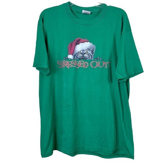 Vintage Jerzees Stressed Out Cat Santa Green Christmas T-Shirt Size XL Unisex - Picture 1 of 6
